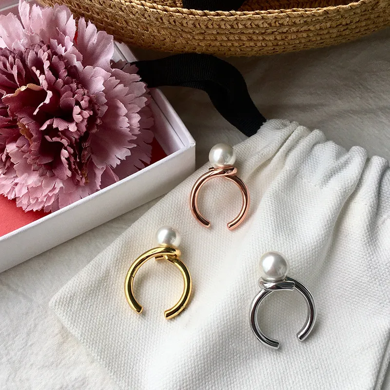 2021 verão moda feminina jóias simples personalidade dourada nó anéis com pérola tamanho ajustável