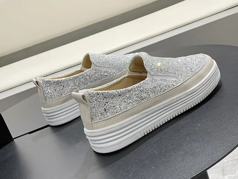 Fashion Brand Loafers Women Dress Shoes Classic Low Tops Platforms Sneakers Popular Black Silver Pink Sequins Glitter Design Outdoor Career Slip-on Casual Trainers