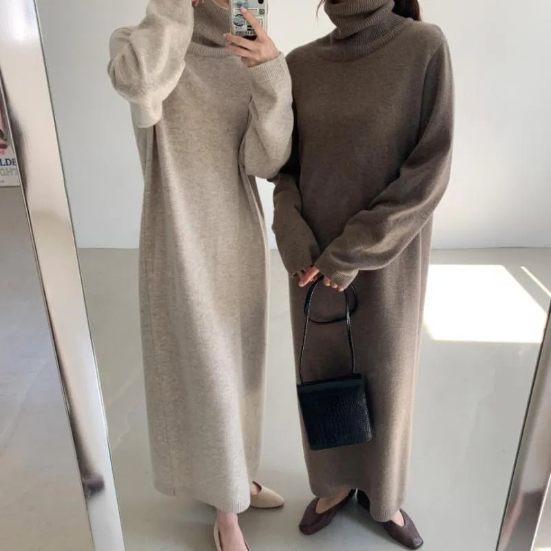 Casual Dresses Women Knitted Dress Loose Turtleneck Female Sweater Thicken Woman Clothes Warm Full Sleeves 2022 Winter Vestidos