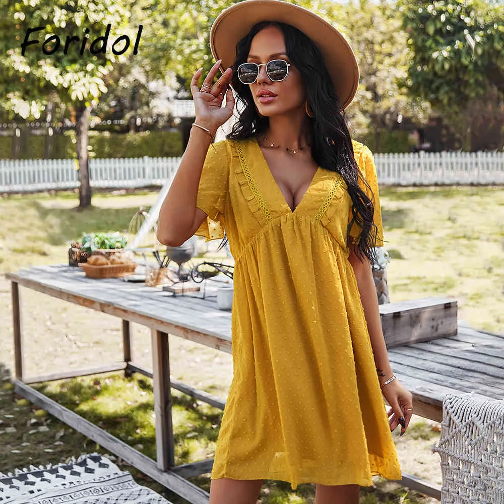 Polka Dot Chiffon Summer Dress V Neck Flare Sleeve Yellow Short Boho Dress Casual Mini Dress 210415