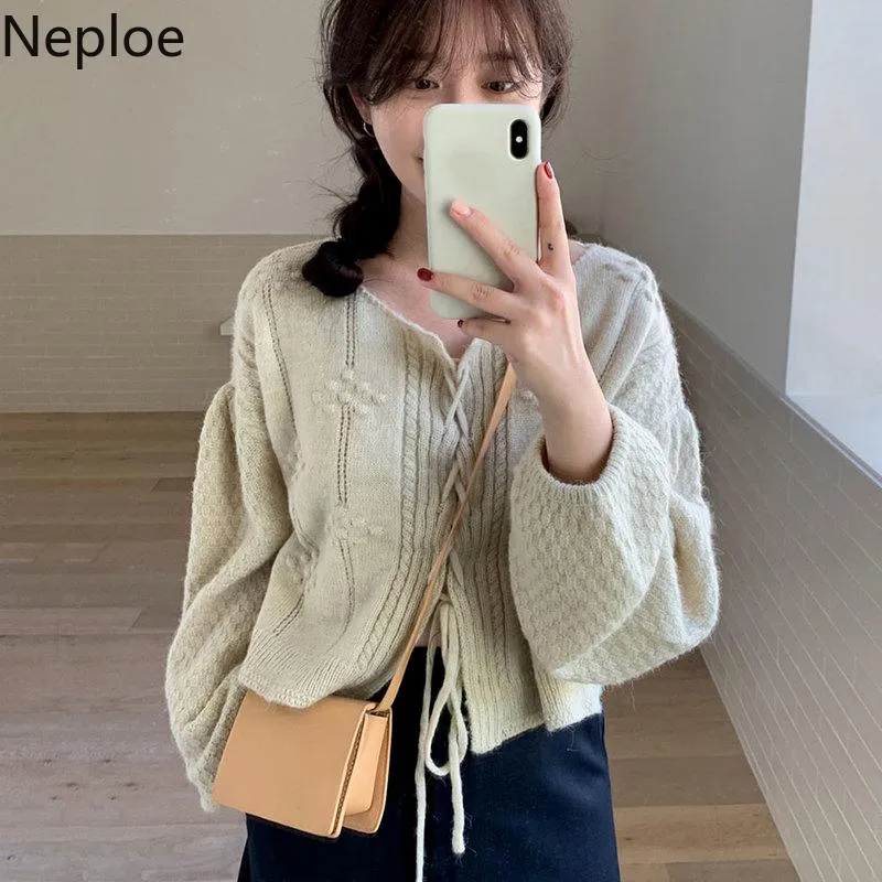 Women's Knits & Tees Neploe Vintage Cardigan Fall Clothing Knitted Cropped Sweater Coat Women Pull Femme Chic Lace Up Loose Korean Sueter To