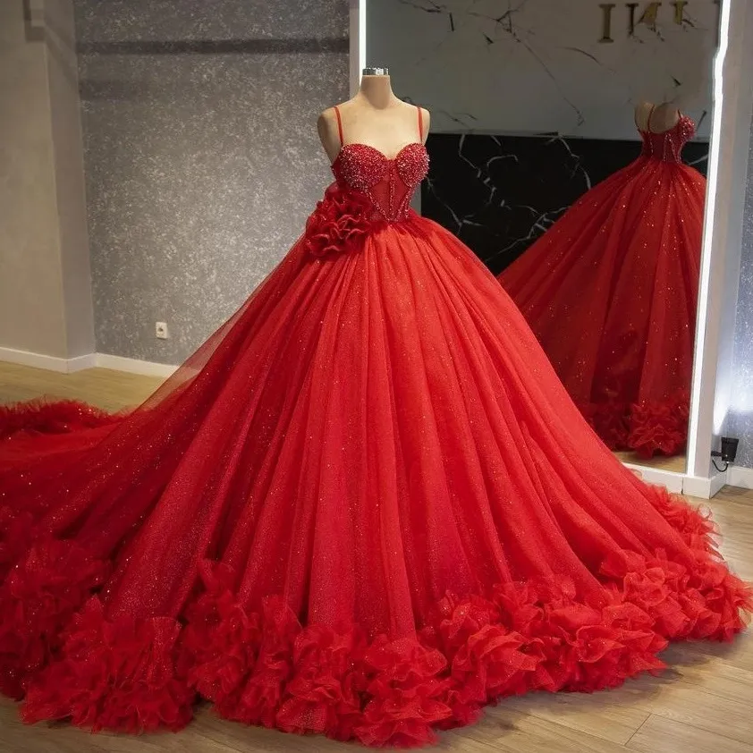 Robe de bal rouge à paillettes, robes de Quinceanera, à volants et perles, à fleurs, robes de bal, douce 15, robe de mascarade, 2022