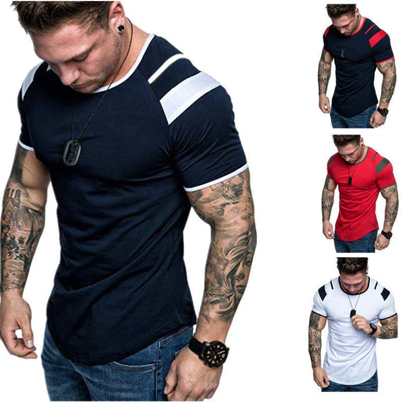 Heren O-hals T-shirt Slanke korte mouw High Street T-shirt Mannen Zomer Casual Muscle Fitness Top Patchwork Fashion Basic Tee 210603