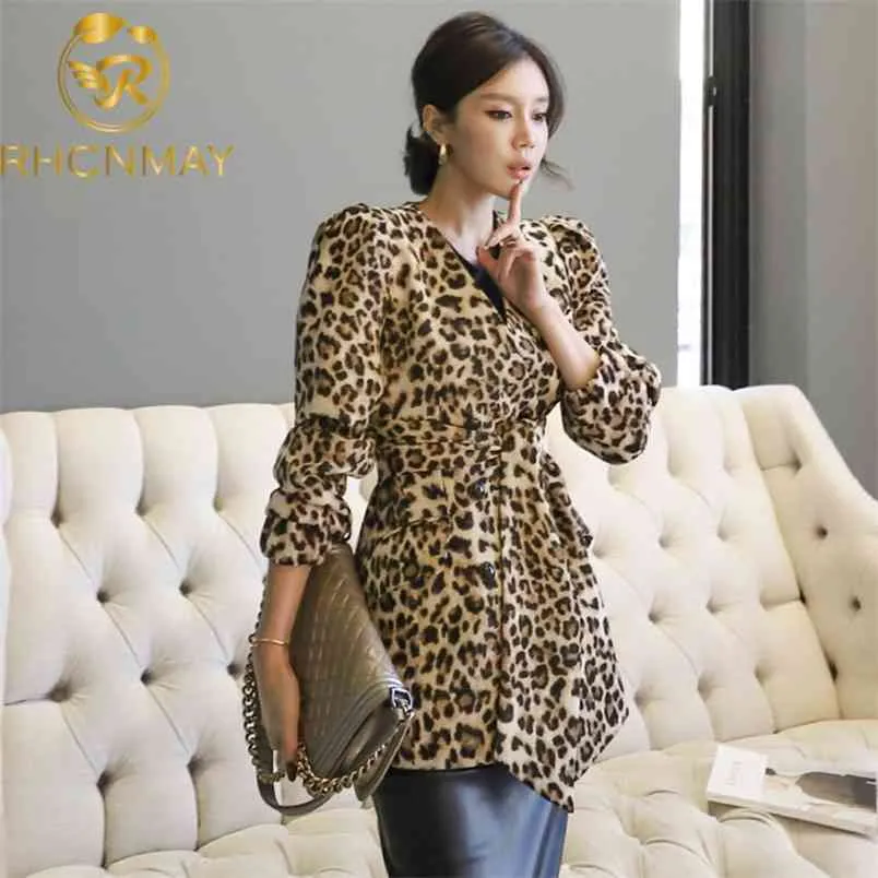 Frauen Leopard Print Jacke Faux V-Neck Temperament Lose Medium Mantel Lässig Oberbekleidung Top Winter 210506