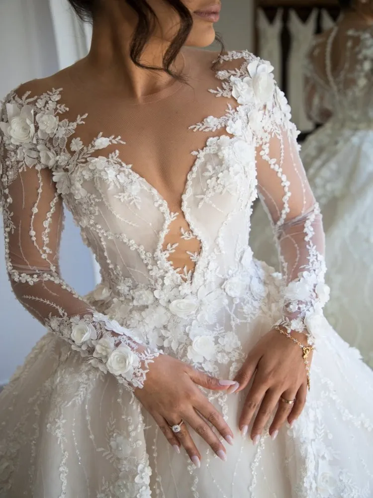 fitted lace wedding dress Long Hand Beaded 3D Floral Dress With Elbow Sleeves In Marble