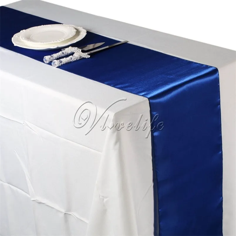 Bezpłatne 10 sztuk Royal Blue Satin Stół Runners 12 "X 108" '' Wesele Dekoracje bankietowe 30 cm 275 cm 210708
