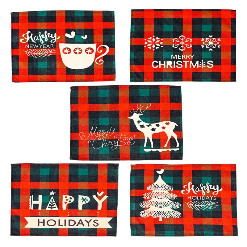 크리스마스 격자 무늬 placemats 빨간색과 검은 색 체크 매트 트리 눈송이 장소 매트 겨울 휴가 파티 디너 테이블 장식