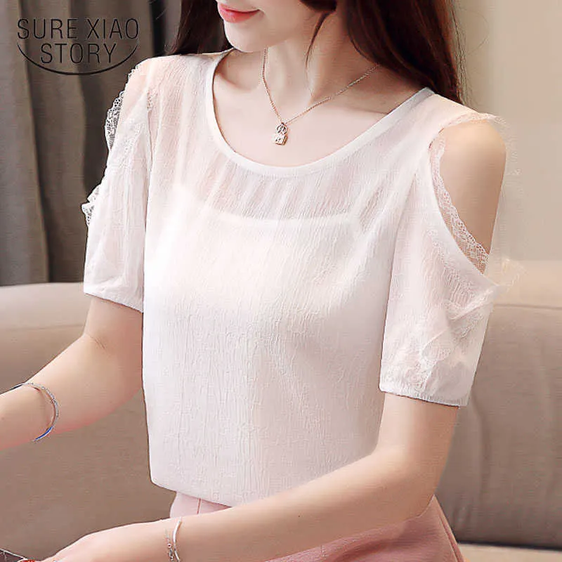 Summer Solid Color Round Collar Elegant Lady Tops Korean Fashion Short Sleeve Lace Chiffon Blouse Women White Blouse 9033 50 210527
