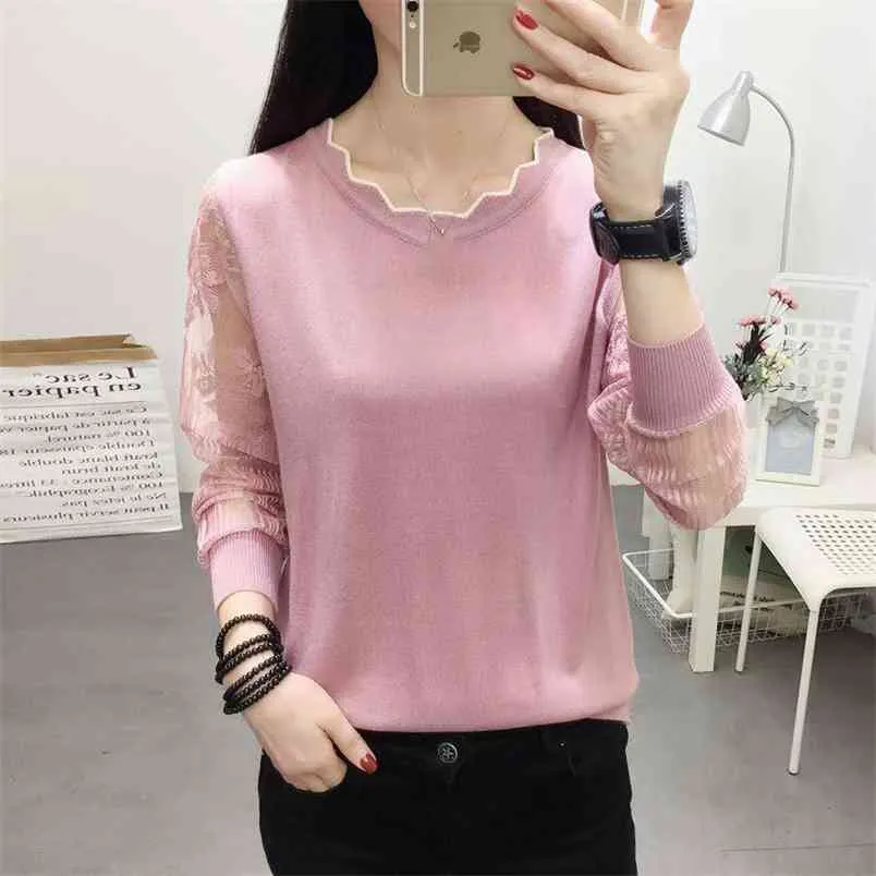 Kant Lange Mouwen Vrouwen T-shirt Print Losse Mode Wild Dunne Pure Kleur Elastische Knit Tees Pullover Vrouwelijke Lente Zomer 210427