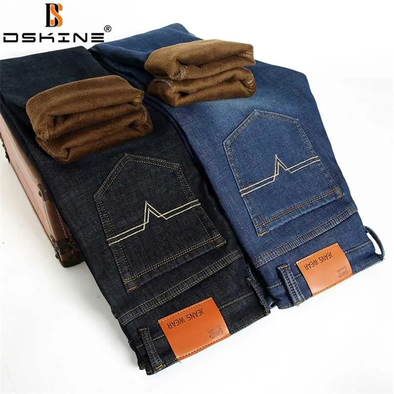 Hombres Invierno Fleece Warm Jeans Marca Moda Pantalones de negocios Retro Classic Denim Pantalones Otoño Casual Stretch Slim Jeans Hombres 211124