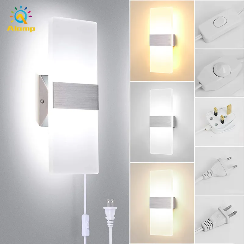 Sconce Wall Lamp Square 3 Färger 12W Plug inohuslampa med 5ft Switch Cord för korridor Balkong Aisle Bedside Lighting