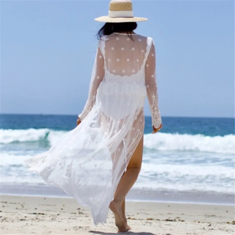 Tuniki na plażę Długa Koronkowa Sukienka Plażowa Kobiety Swim Cover Up Plus Size Haya De Praia Robe Plage Kaftan # Q1027 210420 \ t