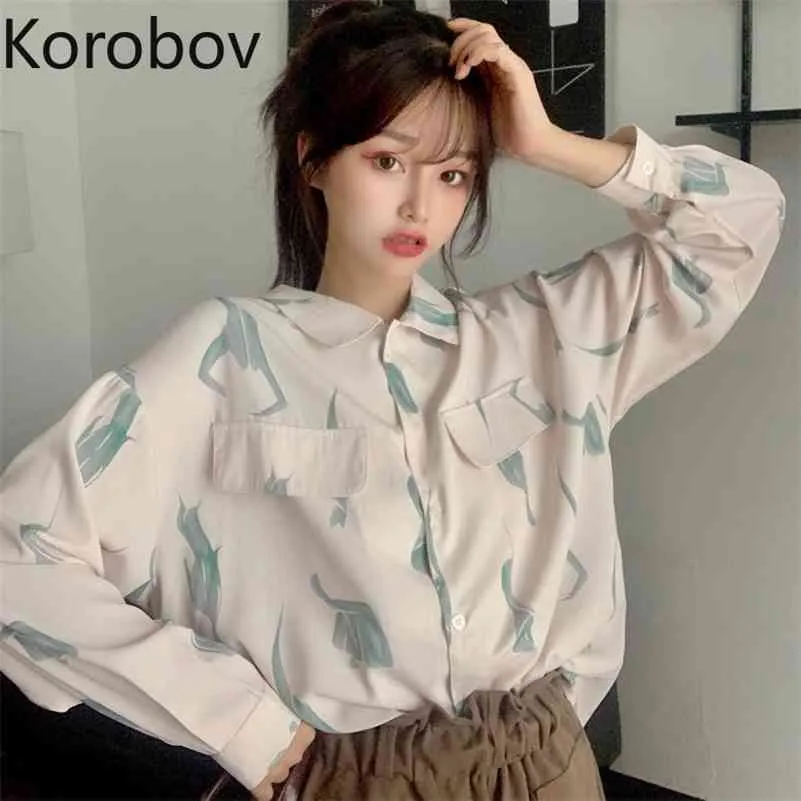 Korobov Été Nouvelles Femmes Blouses Coréennes À Manches Longues Imprimer Blusas Mujer Col Rabattu Poches Harajuku Chemises 210430
