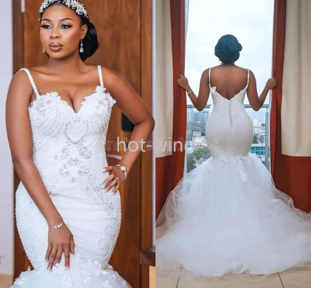 2022 Elegant White Sweetheart Spaghetti Strap Mermaid Wedding Dresses African Arabic Beads Appliques Long Train Bridal Gowns Plus Size BC9777