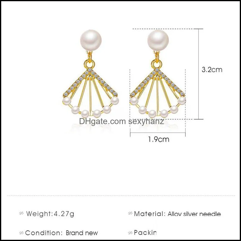 Hollow Fan-shaped Pearl Diamond Earrings Charm Women Alloy Gold Business Ear Drop European Party Gift Dress Wear Stud Earring Jewelry