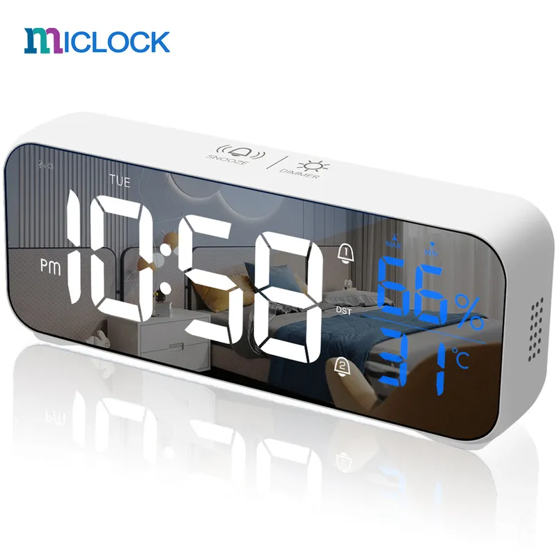 Miclock Digital Alarm Clock Temperatura I Wilgotność Duże Lustrzane LED Elektroniczny Z Tabela wyświetlacza ładowarki USB 220311