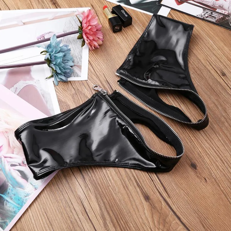Sexy Shiny Black PU Leather Black Satin Thong With Zipper Crotch For Women  Wet Look Briefs Underwear Lingerie Bikini W341M From Hregh, $20.32
