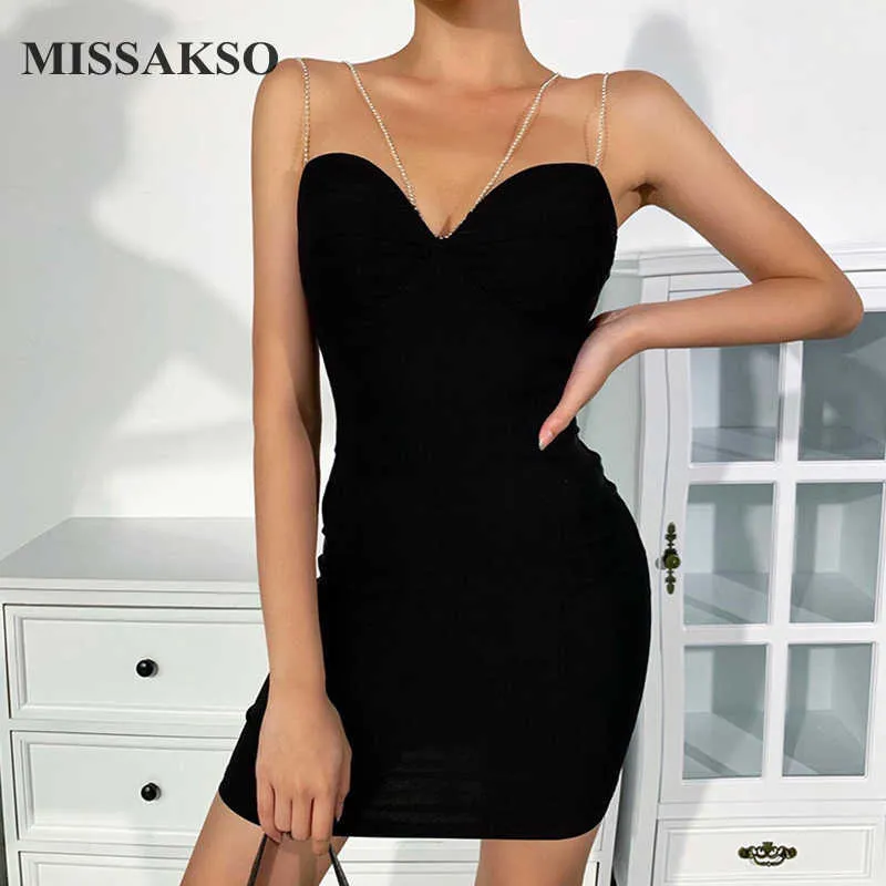 Missakso Women Bodycon Mini Dress Backless Night Club Elegant Party Sexig Summer Chains Strap Dress Black 210625