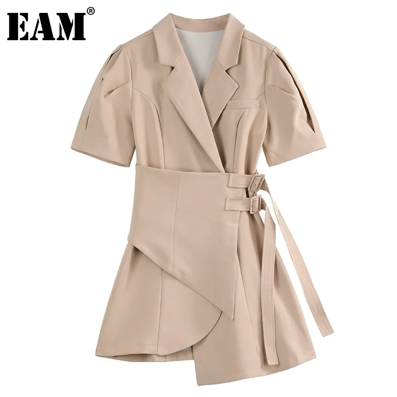 [EAM] Kvinnor Khaki Sashes Elegant Asymmetrisk Klänning Notched Half Sleeve Loose Fit Fashion Spring Summer 1DD7871 210512