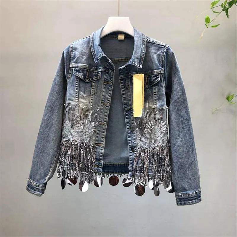 Women's Jackets Autumn Women Denim Jacket 2022 Vintage Beaded Tassel Sequins Jeans Coat Bomber Loose Female Casual Basic Coats R766