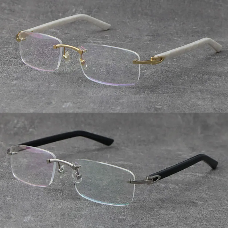 Fabriksdirektförsäljning Rimless Women Man Gold Frame Läsglasögon Presbyopiska glasögon Metallramar Myopiska Optiska armar Plank Eyewear Tillbehör Storlek 56-18-140