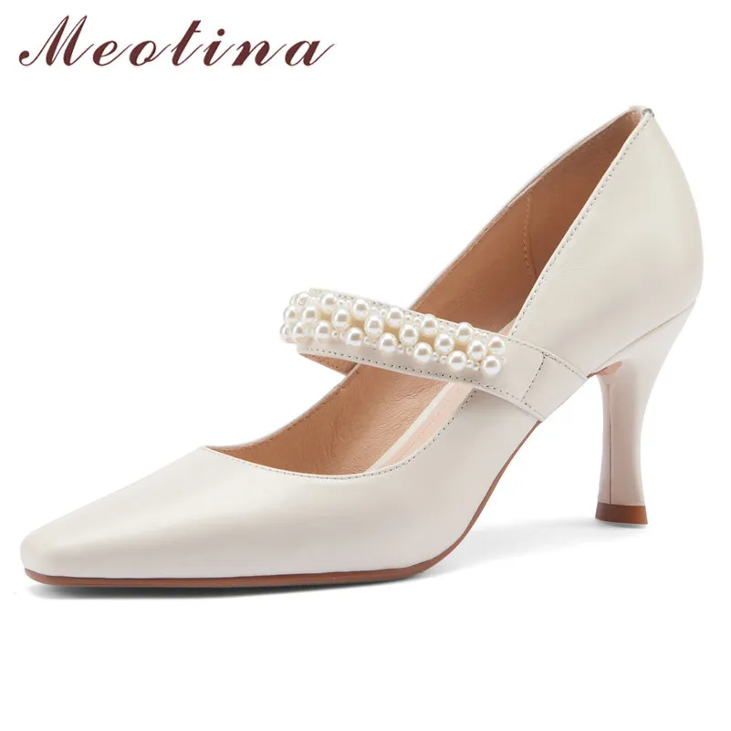 Meotina Mary Janes Shoes Women Real Leather High Heel Pumps Pointed Toe Pearl Stiletto Heels Footwear Female Dess Shoes Beige 40 210520