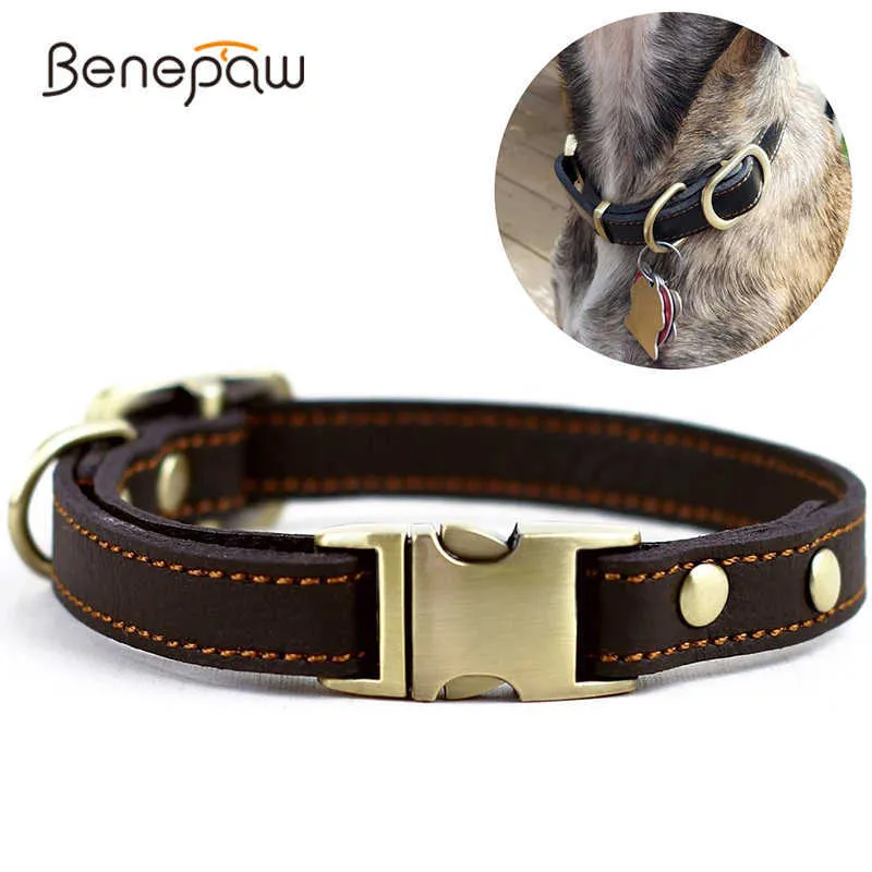 Beepaw Oryginalna skóra Collar Quality Handmade Silna Wygodna Metalowa Klamra Pet Collar dla małych średnich Dużego Psy 210712