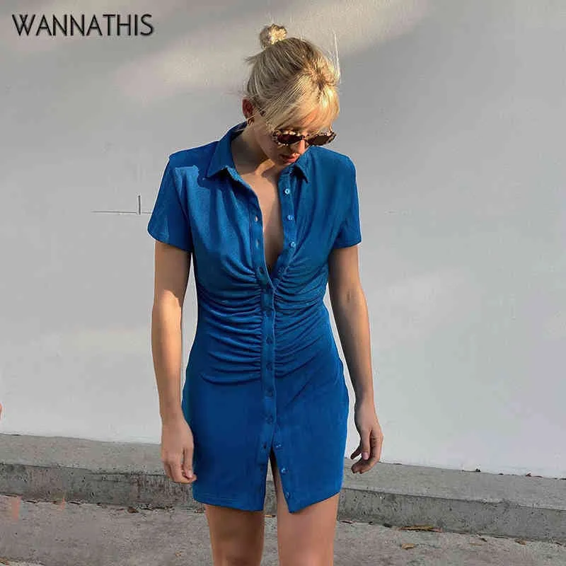 WannaThis Mini Robes Femmes Manches Courtes Bouton Col Rabattu Sexy Mode Casual Robes D'été Maigre Élastiques Bleu Solide X0521