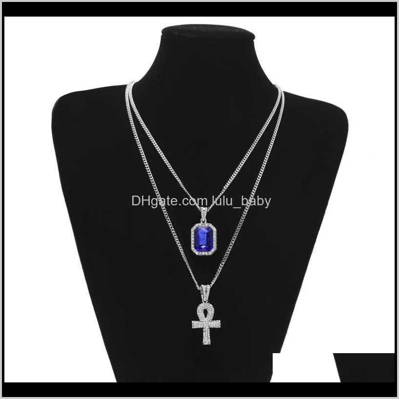 men s egyptian ankh key of life necklace set bling iced out cross mini gemstone pendant gold silver chain for women hip hop jewelry