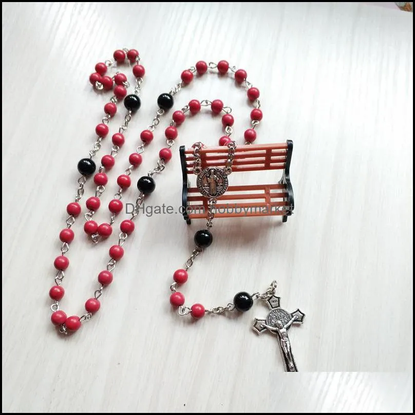 Catholic Cross Jewelry Red Stone Long Women Rosary Necklace