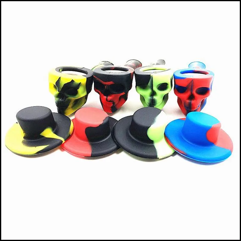 newEco-frendly Silicone Smoking Pipes Marble Color Skull Shape Smoking Pipes Fashin Design Tobacco Pipe with Caps Bowl EWF6292