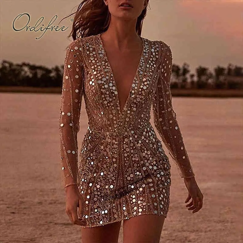 Sommar kvinnor mini party sexig bodycon se genom mesh guld sequin kort penna klänning 210415