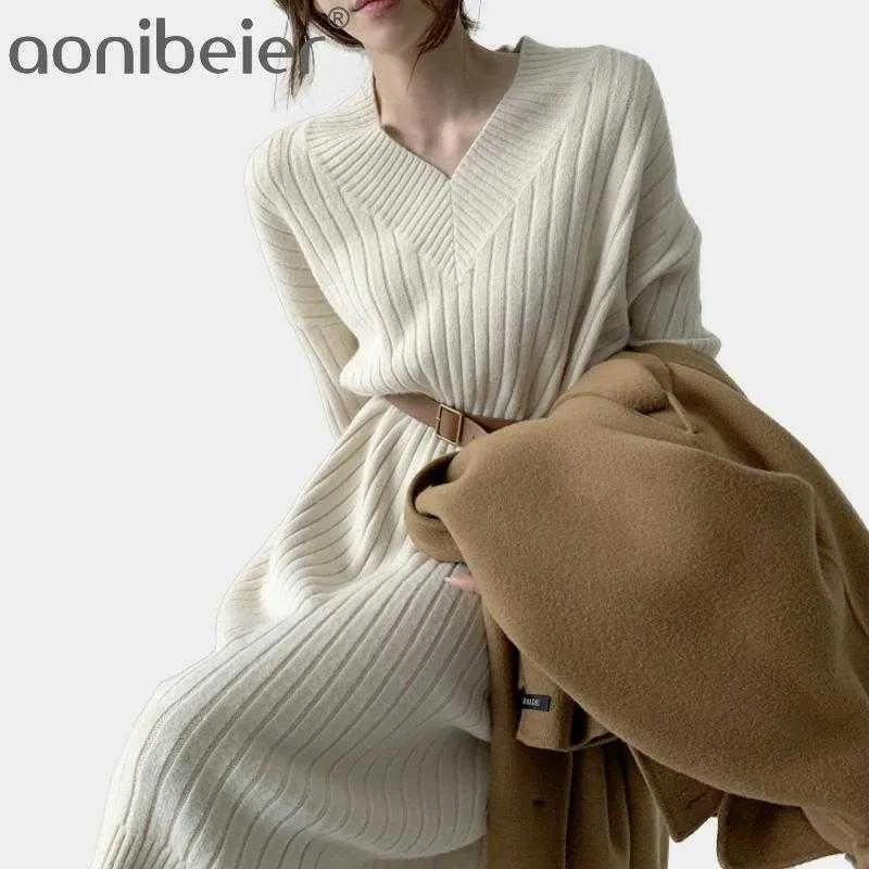 Jesień Sweter Kobiety Winter Długim Rękawem Swetry Dzianiny Sukienki Luźne Maxi Oversize Knitting Robe Vestido 210604