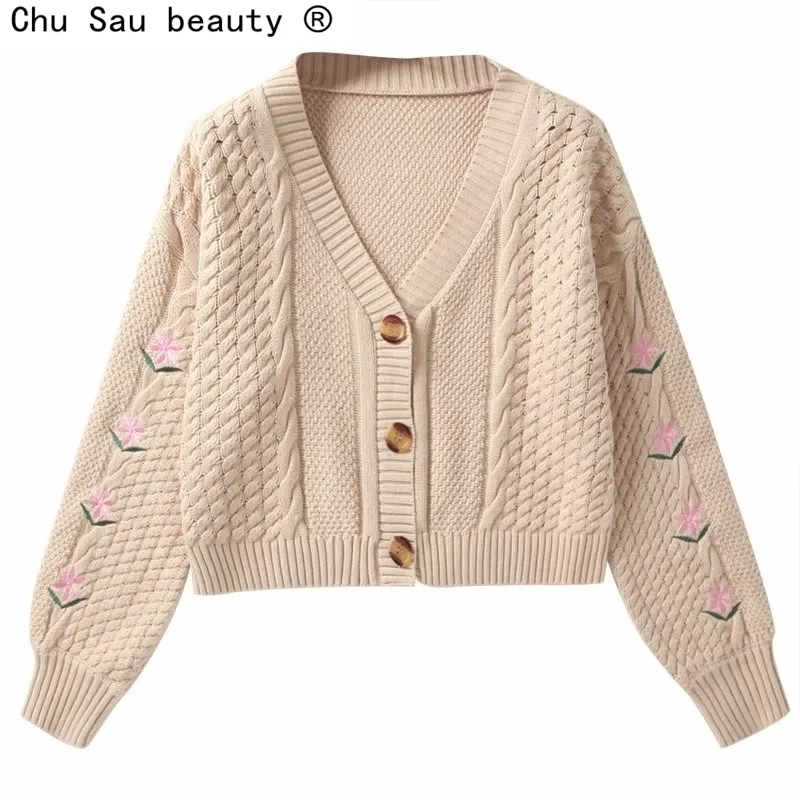 Otoño moda francesa suelta flor corta bordada linterna manga punto cardigans suéteres recortados tops para mujer 210508