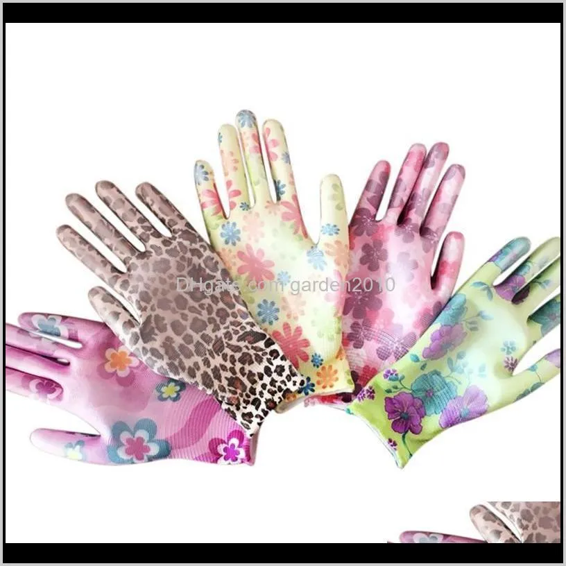 Disposable Women Non-Slip Housework Cleaning Breathable Gloves Ladies Flower Printed Nylon Pu Household Gardening Sx6Hu Lrase