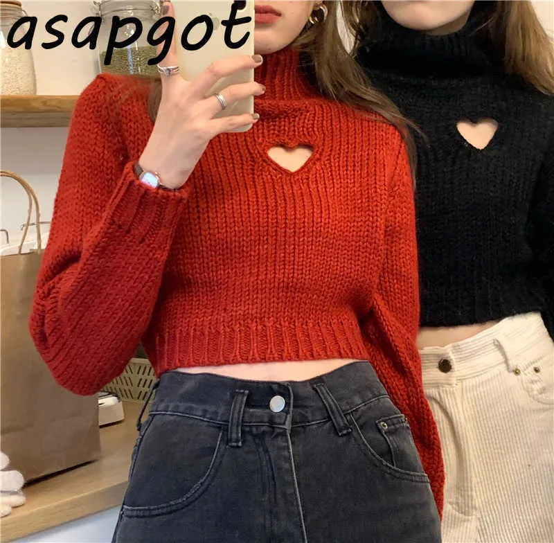Solid Long Sleeve Red Turtleneck Pullovers Sweater Women Loose Love Heart Hollow Out Knitted Top Short Chic Fashion Korean Pull 210610