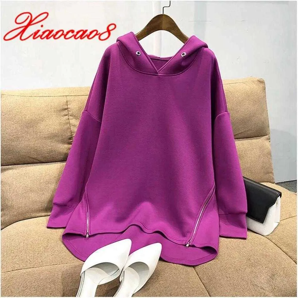 Lente herfst vrouwen lange mouw katoenen hoodies oversized losse zijkant zip pullovers Koreaanse stijl dunne sweatshirt tops 4xl plus size y0820