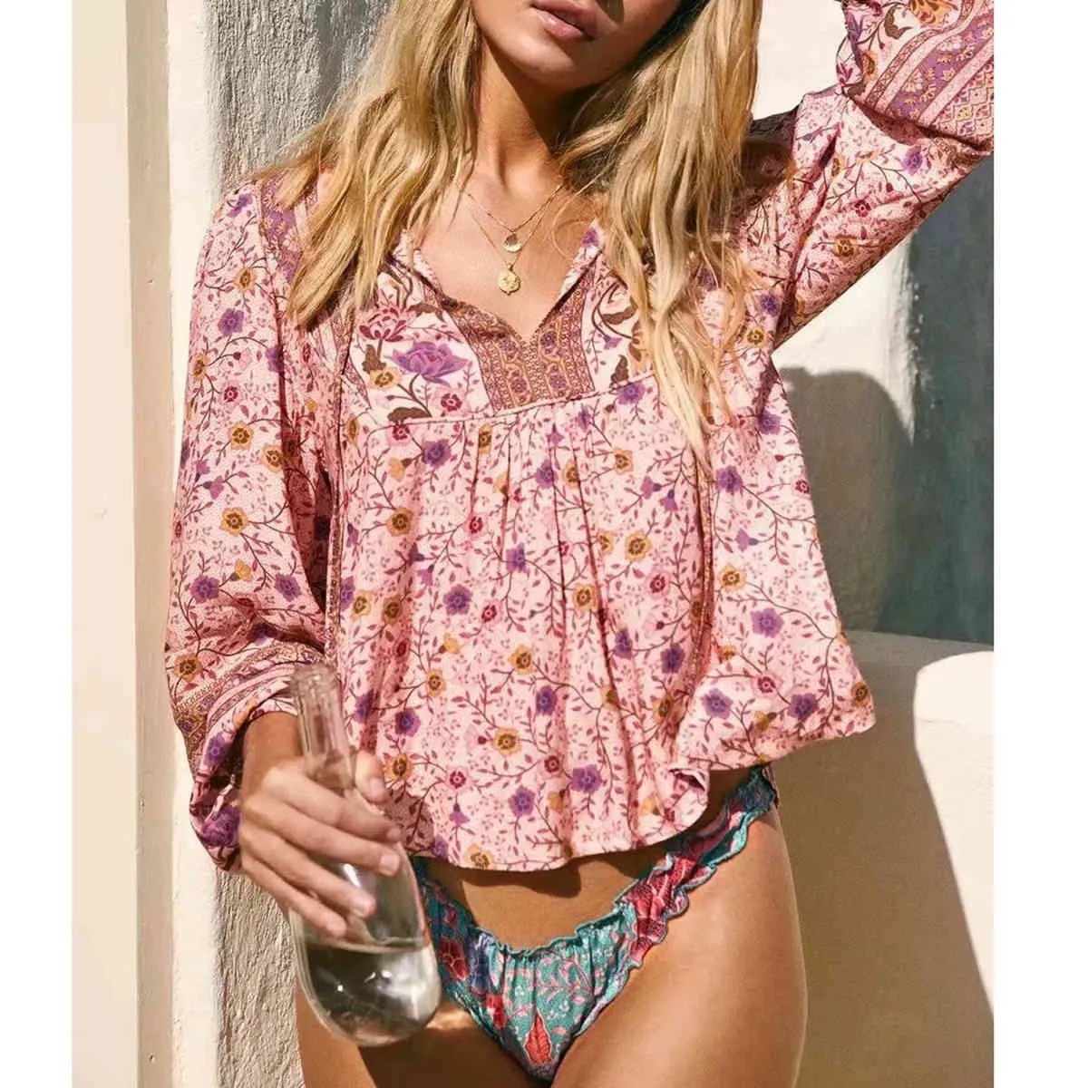 Jastie Lente Lange Mouwen Vrouwen Blouse Shirt Floral Print Boho Shirts Top Tie V-hals Chic Beach Tops Blusas Mujer de Moda 210419