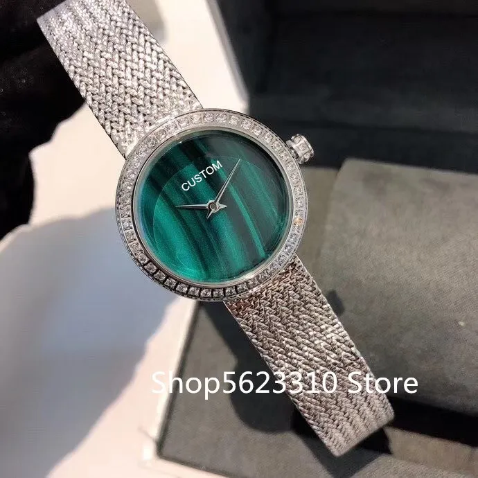Классический бренд Lady Quartz наручные часы Малахита из нержавеющей стали Магнит-ленточные часы знак буква логотип Мать жемчуга часы набора