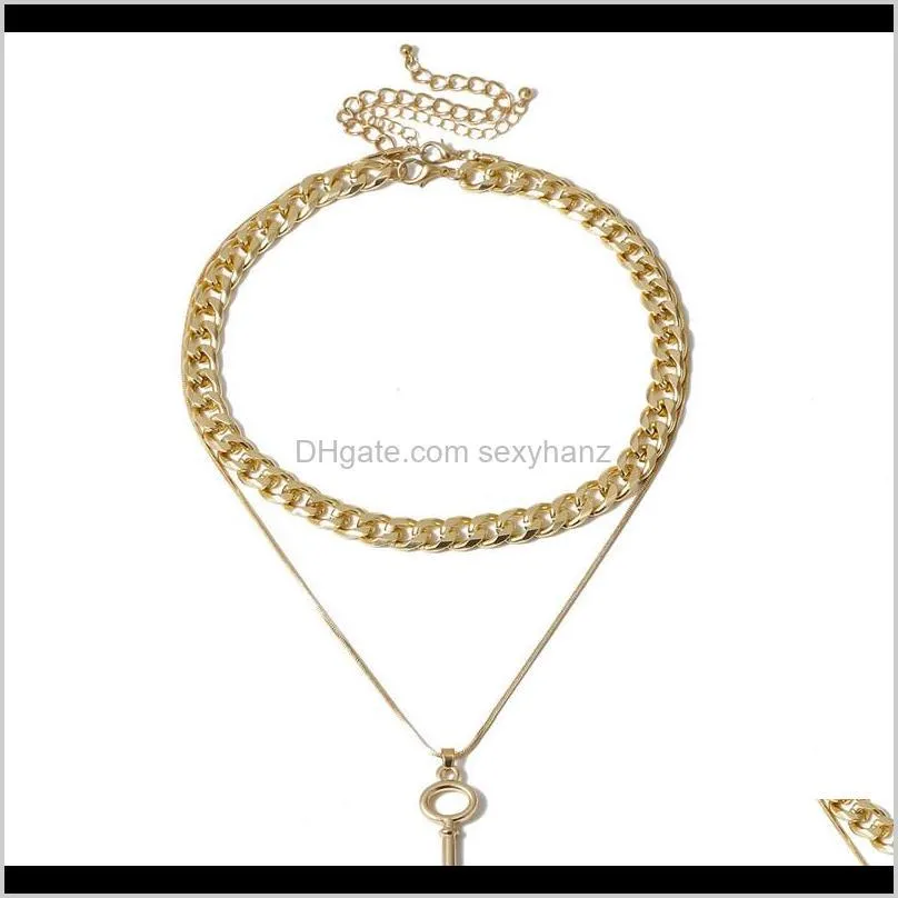 Punk Gold Color Key Thick Chain Multilayer Necklace for Women Girl Metal Geometric Charm Pendant Necklaces Party Jewelry