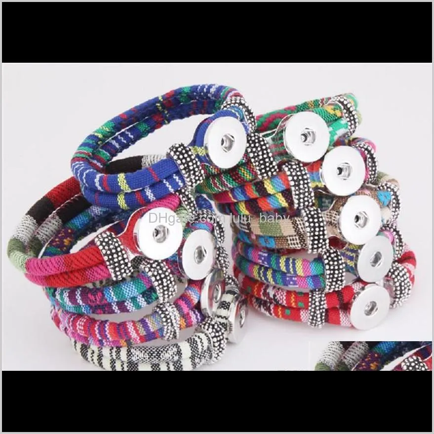 Charm drop levering 2021 Boheemian multicolor katoenen koorden armbanden sier kleur etnische wrap noosa snap button sieraden vrouwen aessories pulseras