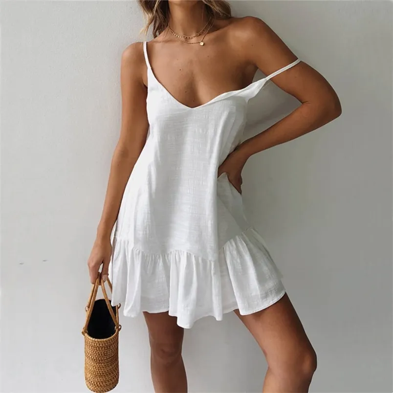 Mini sommar klänning rem av axel gul vit ruffle lös casual linne sundress sexig strand kvinnor vestidos 210517