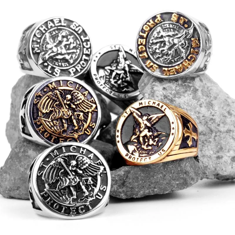 Cluster Rings 316L Stainless Steel St-Michael Men Good Lucky Talisman Religious Personality Biker Ring For Boy Fashion Jewelry Gift