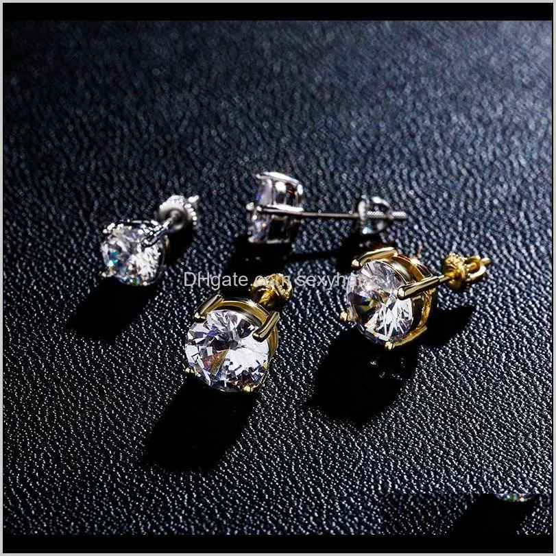 6mm round zircon 925 sterling silver stud hip hop gold color earrings