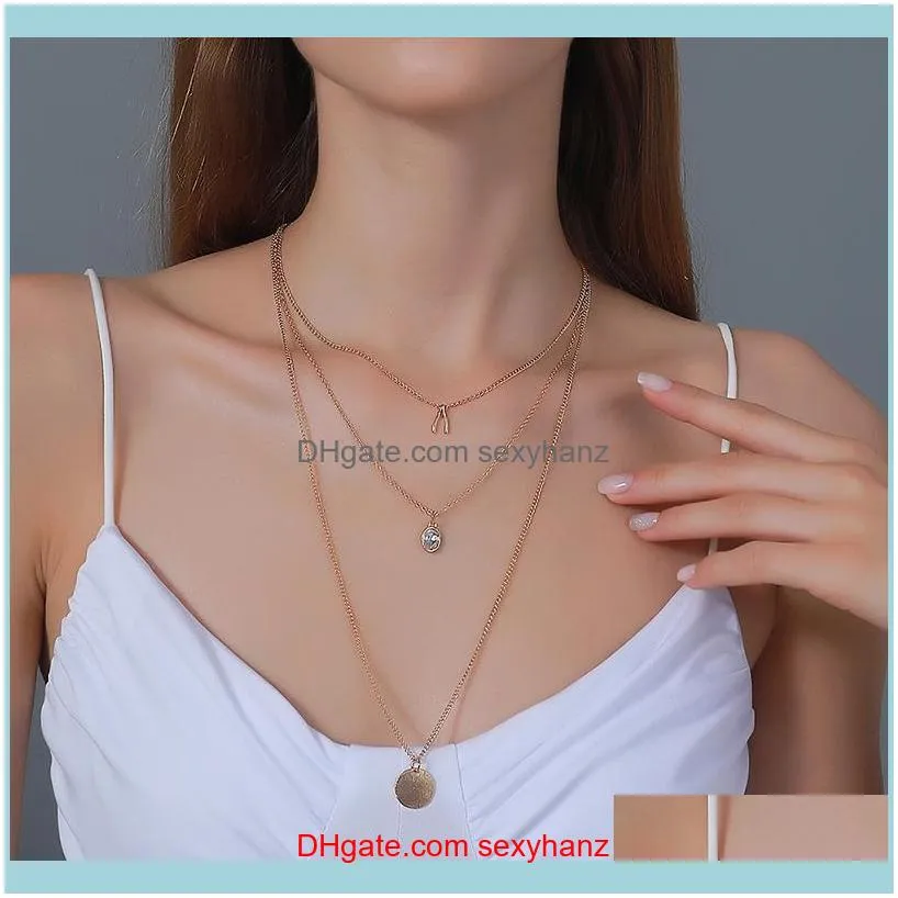 Zircon Geometric Round Coin V-shaped Pendant Necklaces Multilayer Long Gold Clavicle Chain Necklace For Women Female Jewelry