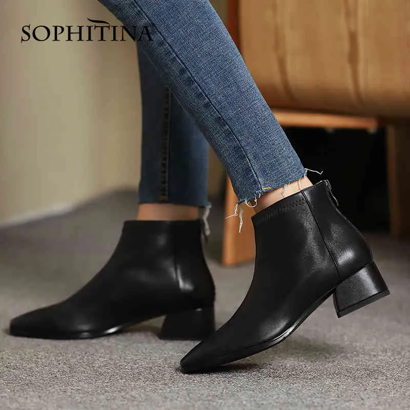 Sophitina Botki Damskie Dorywczo Premium Skórzane Buty Zipper Round Toe Mid Heel Spring / Autumn Office Elegant Lady Buty SO883 210513