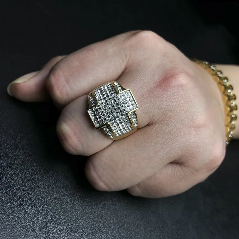 Anillo de piedras de Hip Hop para hombre, joyería chapada en oro, anillos de acero inoxidable con diamantes de imitación cruzados a la moda para hombres