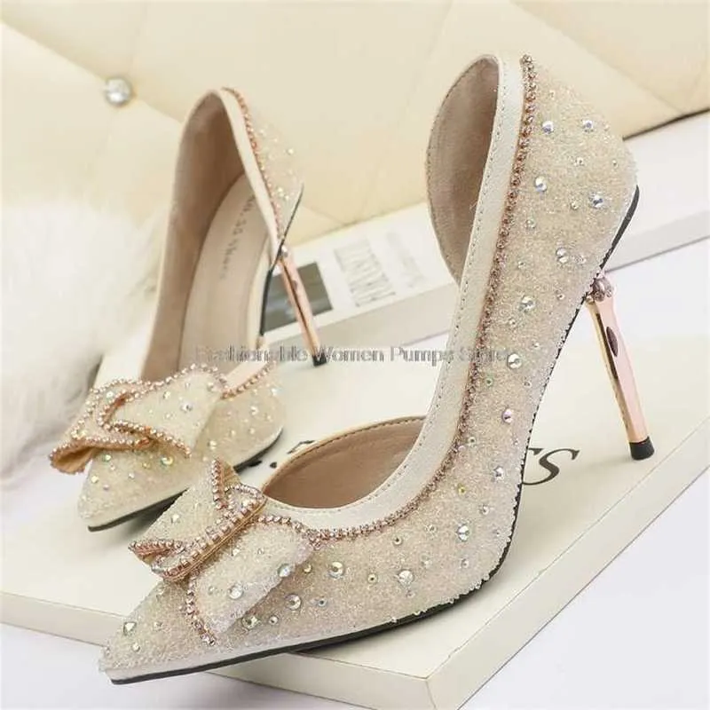 Elegante vrouwen pompen kristal ondiepe 9cm hoge hakken stiletto's vlinder-knoop vrouwen party schoenen bruid bruiloft schoenen 211028