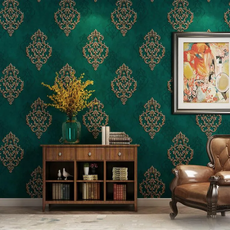 Wallpapers European 3D reliëf behang luxe grijs beige pauw groen niet-geweven muur papier woonkamer huis achtergrond