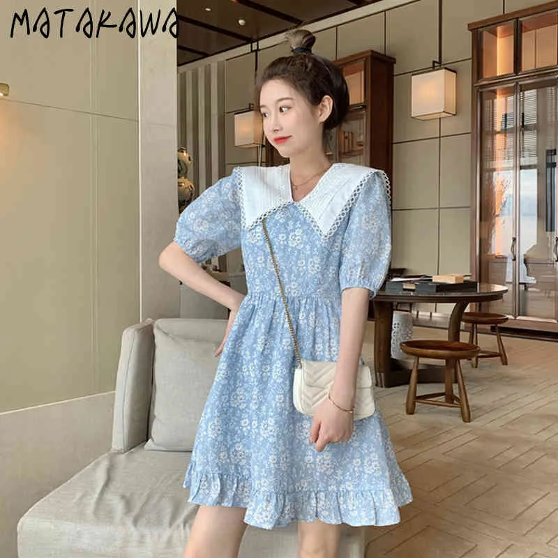 Matakawa Puff Weep Floral платье женское лето халат Femme Peter Pan воротник платье оборками A-Line Vestido Feminino 210513